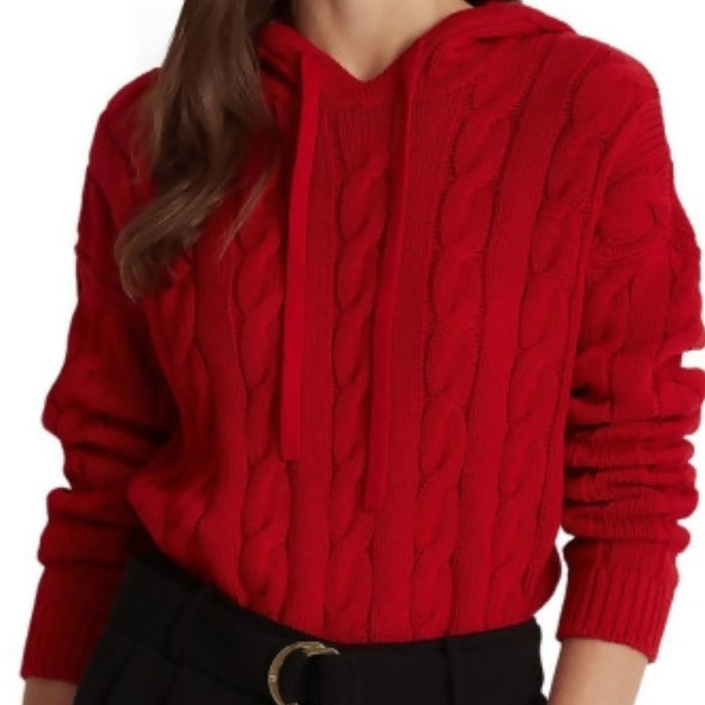 Lauren Ralph Lauren Medium Sweater Cable Knit Hood Pullover Red Cotton Holiday